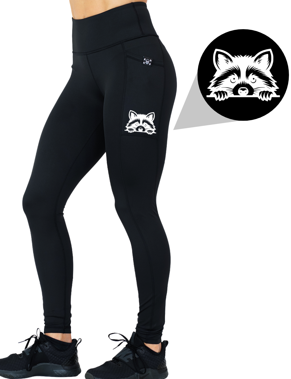 model wearing the raccoon graphic full length solid black leggings against a white background
