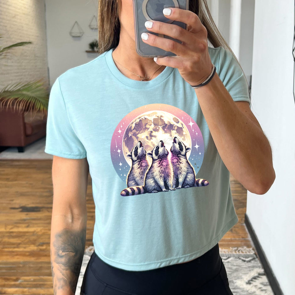 blue cropped tee with a raccoon and moon graphic on it