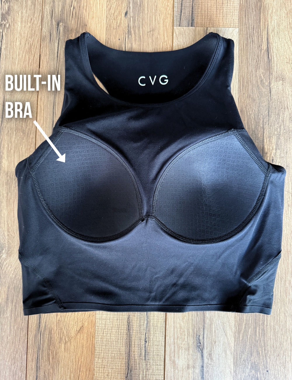 close up of the black bra flipped inside out to show the built-in bra feature