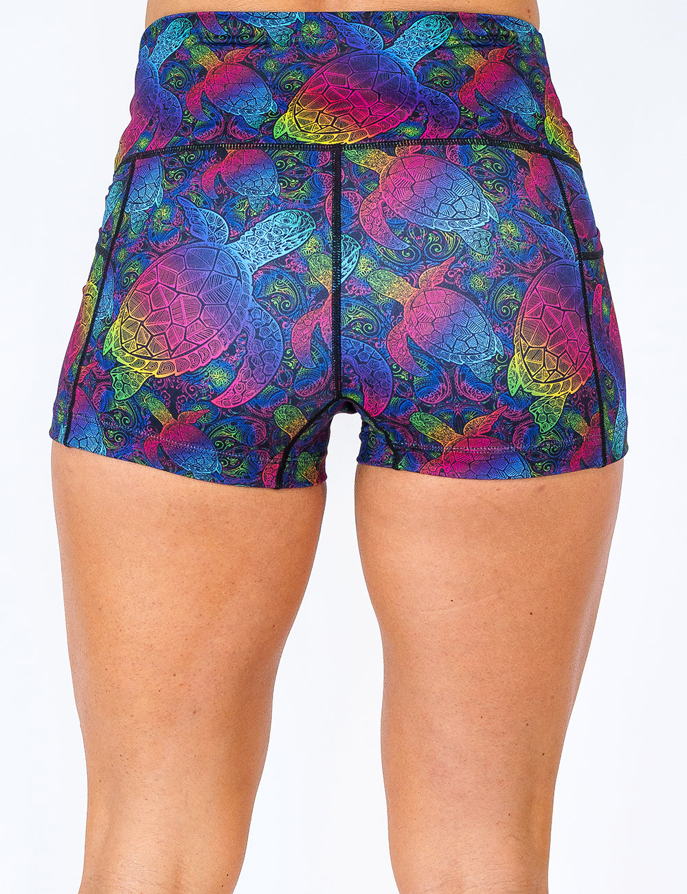 back of the 2.5 inch pink, yellow, blue, green and purple ombre turtle print shorts against a white background