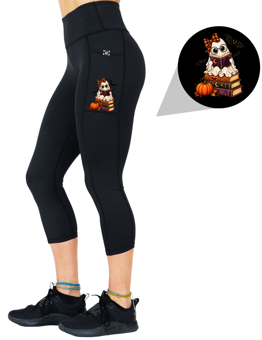 front of the ghost reading book graphic capri leggings