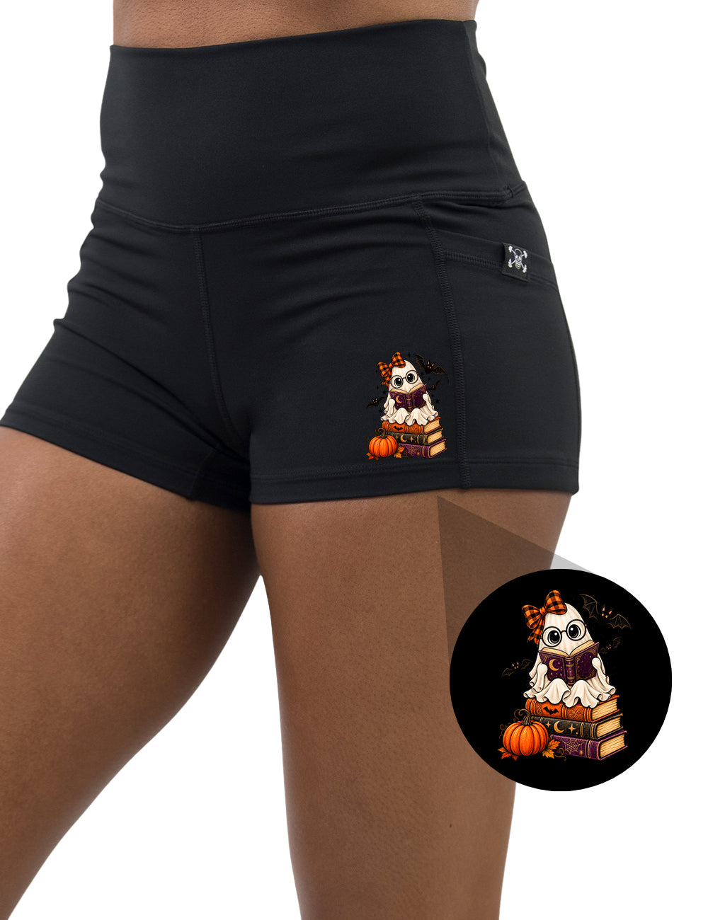 front of the ghost reading a book graphic 2.5 inch shorts