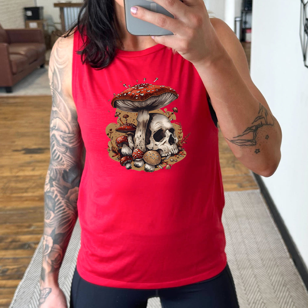red muscle tank with a mushroom skull graphic in the middle
