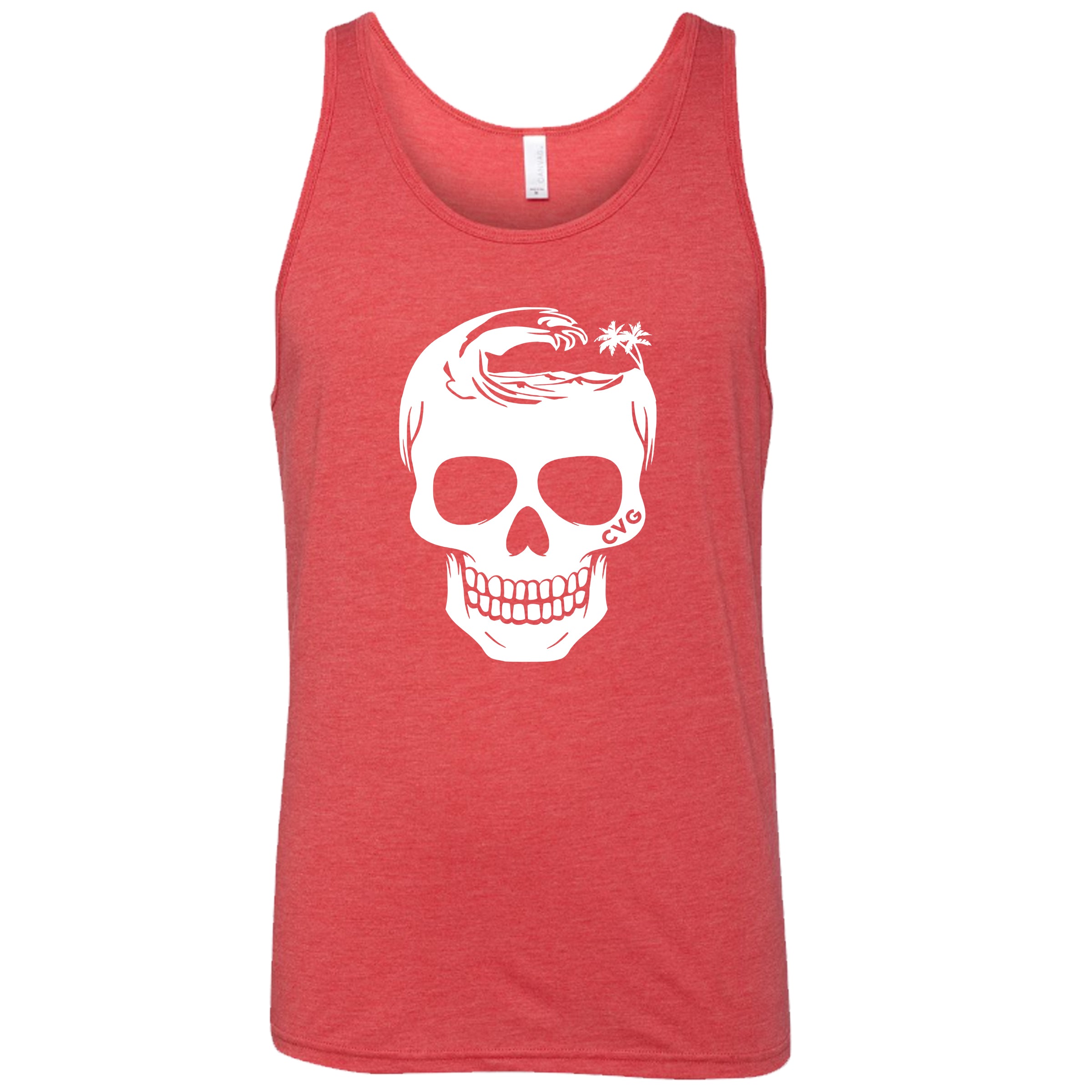 red unisex tank with tropical skull design