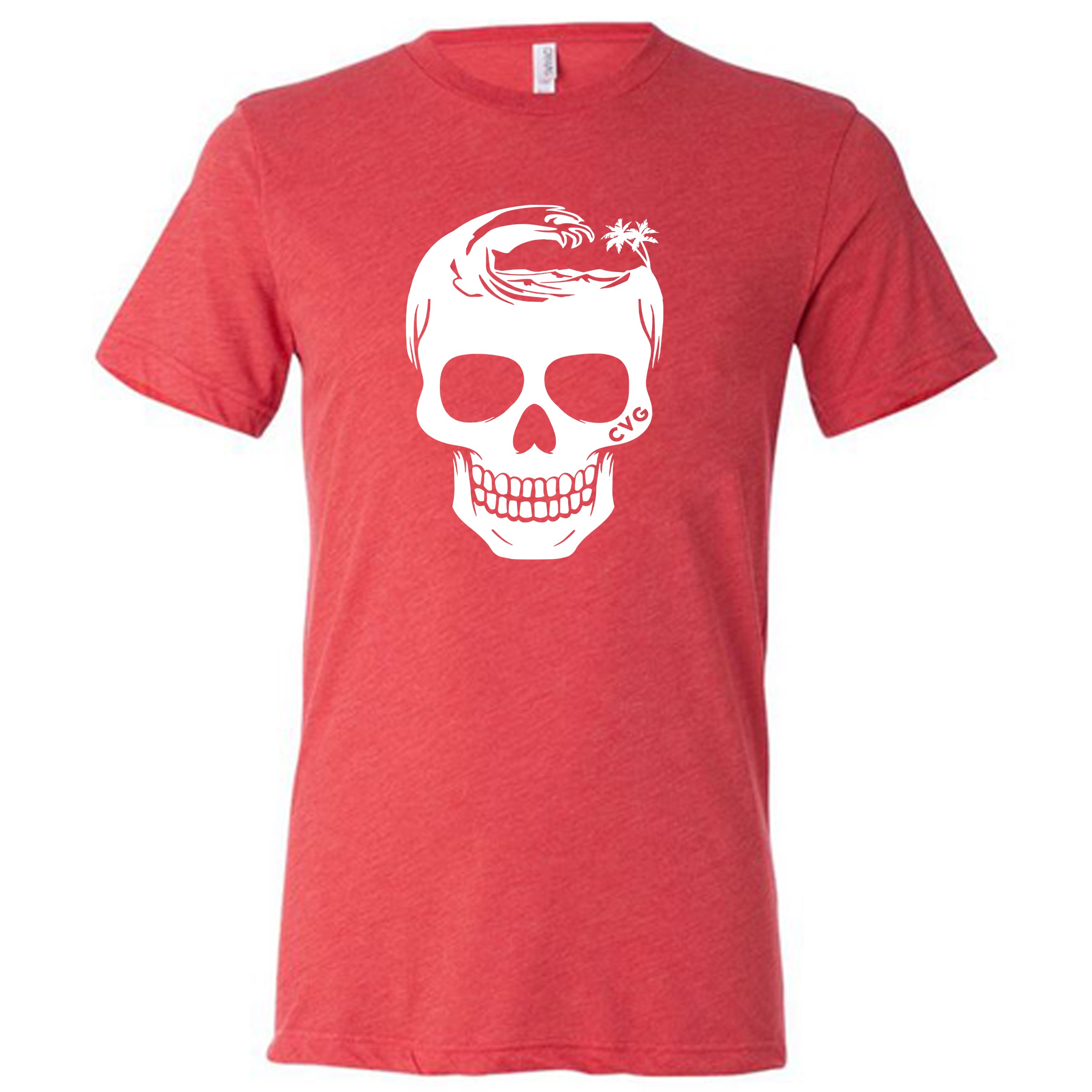 red unisex tee with tropical skull design