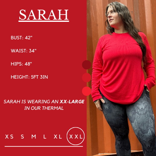 Model’s measurements of 46” bust, 38” waist, 51” hips and height of 5 ft 3 inches. She is wearing a size xx-large in our thermal