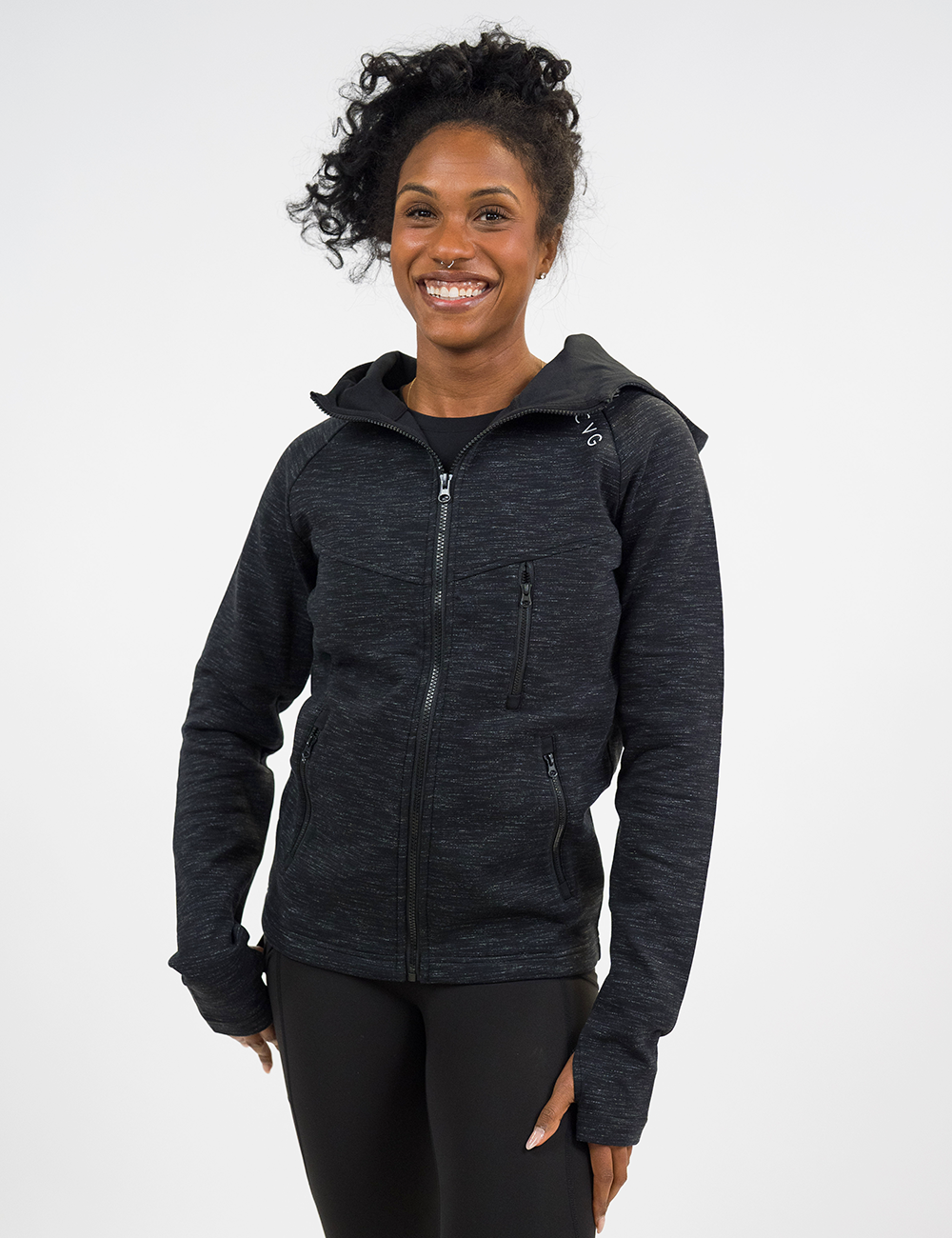 black performance zip up sweatshirt with black leggings