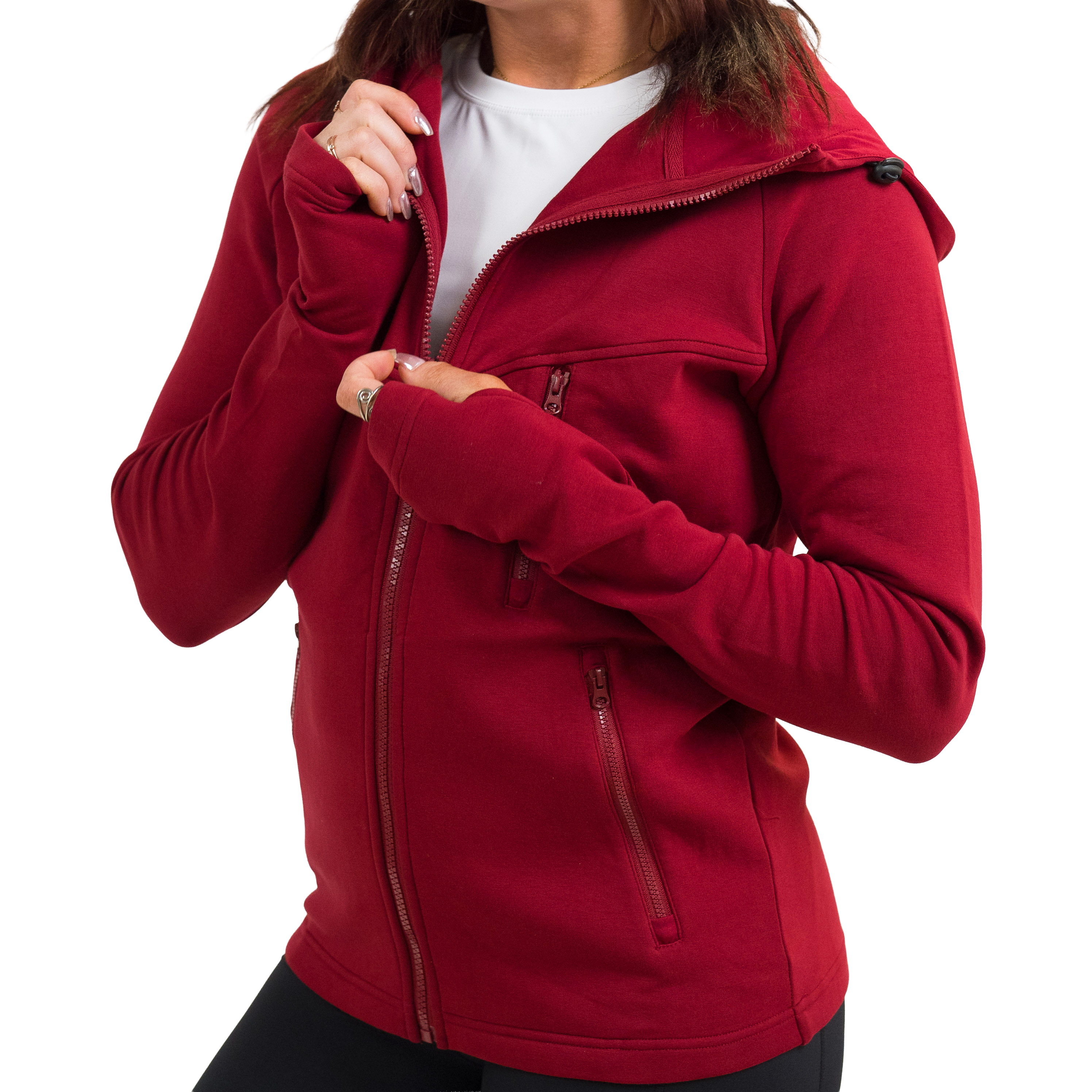 front of the dark red rest day zip up sweatshirt against a white background
