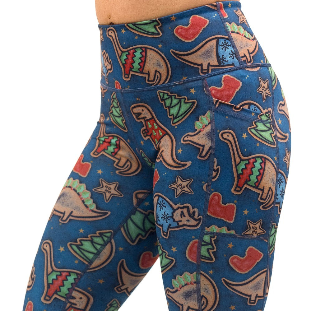 Colorful Christmas dinosaur-patterned leggings