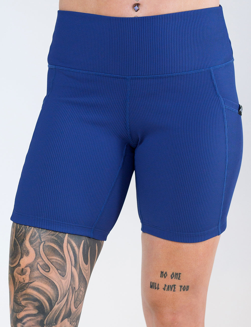front of the 7 inch navy ribbed shorts against a white background