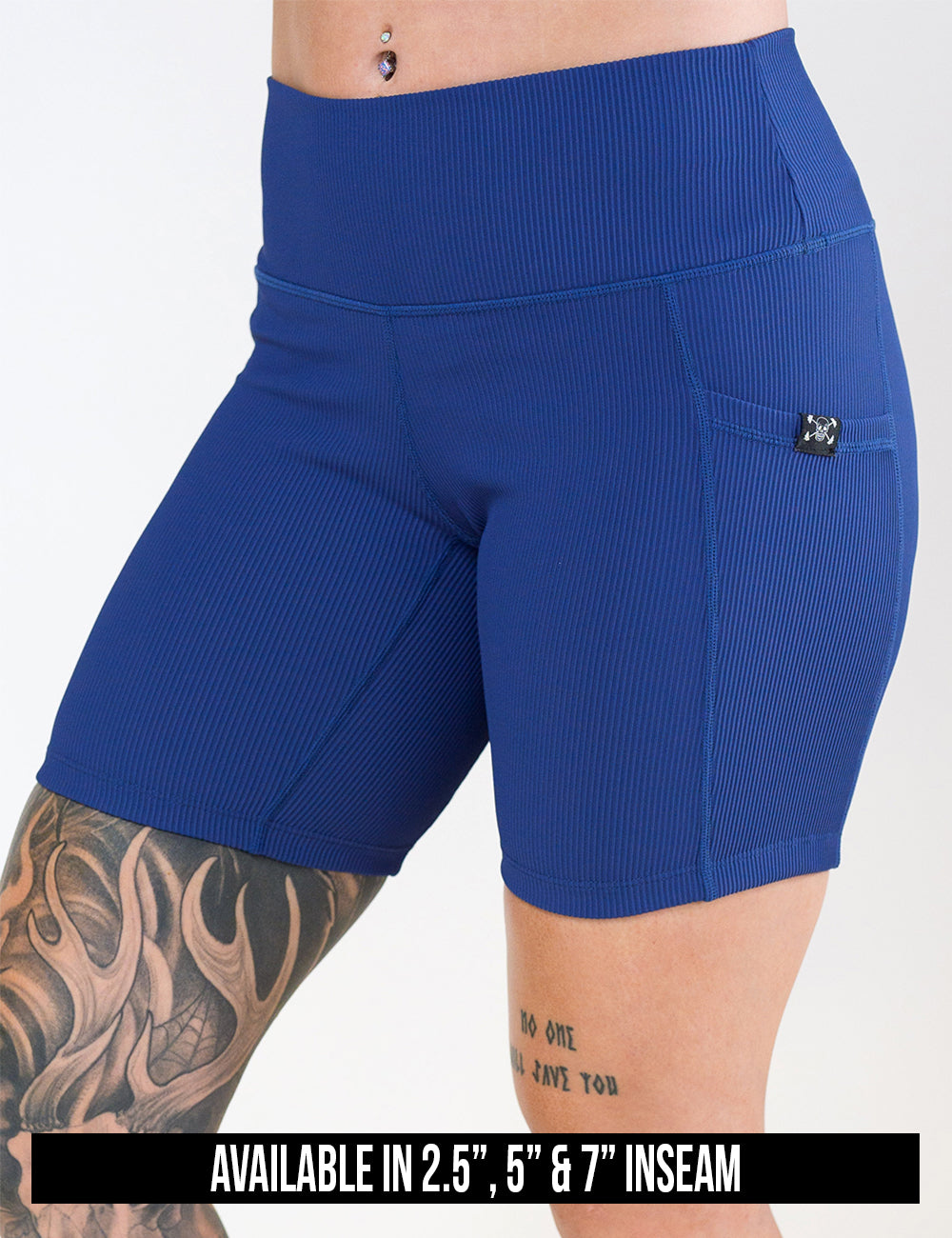 available inseam lengths for the navy ribbed shorts , lengths include 2.5, 5, and 7 inches