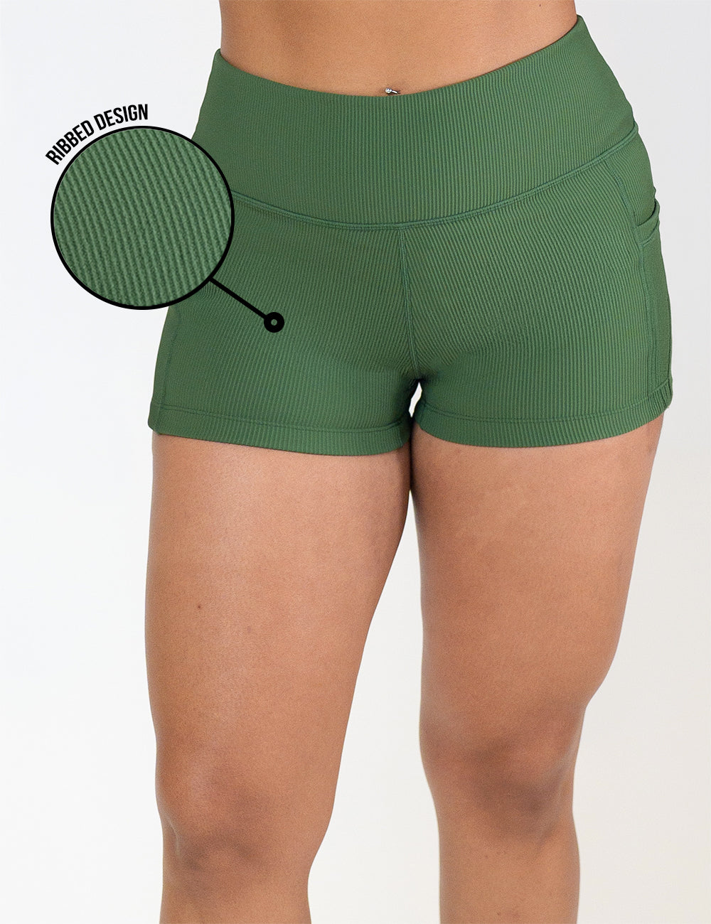 front of the 2.5 inch green ribbed shorts with a close up of the ribbed texture against a white background