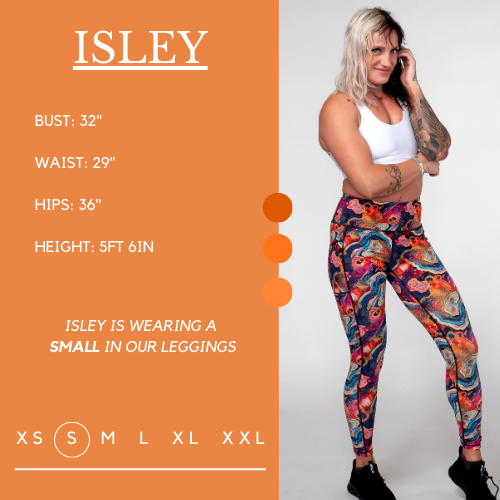 Model’s measurements of 32” bust, 29” waist, 36” hips and height of 5 ft 6 inches. She is wearing a size small in our leggings