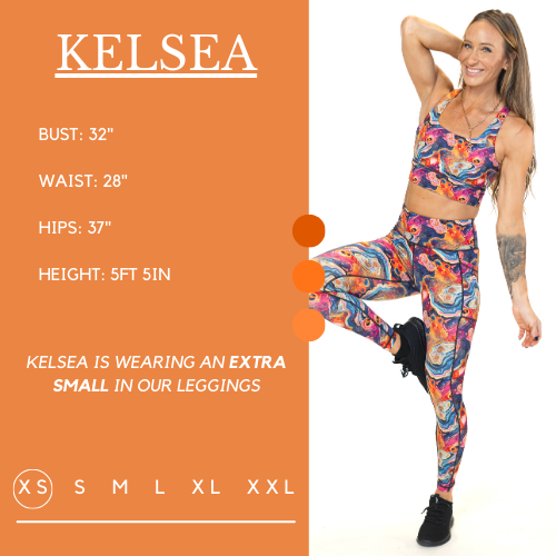 Model’s measurements of 32” bust, 28” waist, 37” hips and height of 5 ft 5 inches. She is wearing a size extra small in our leggings