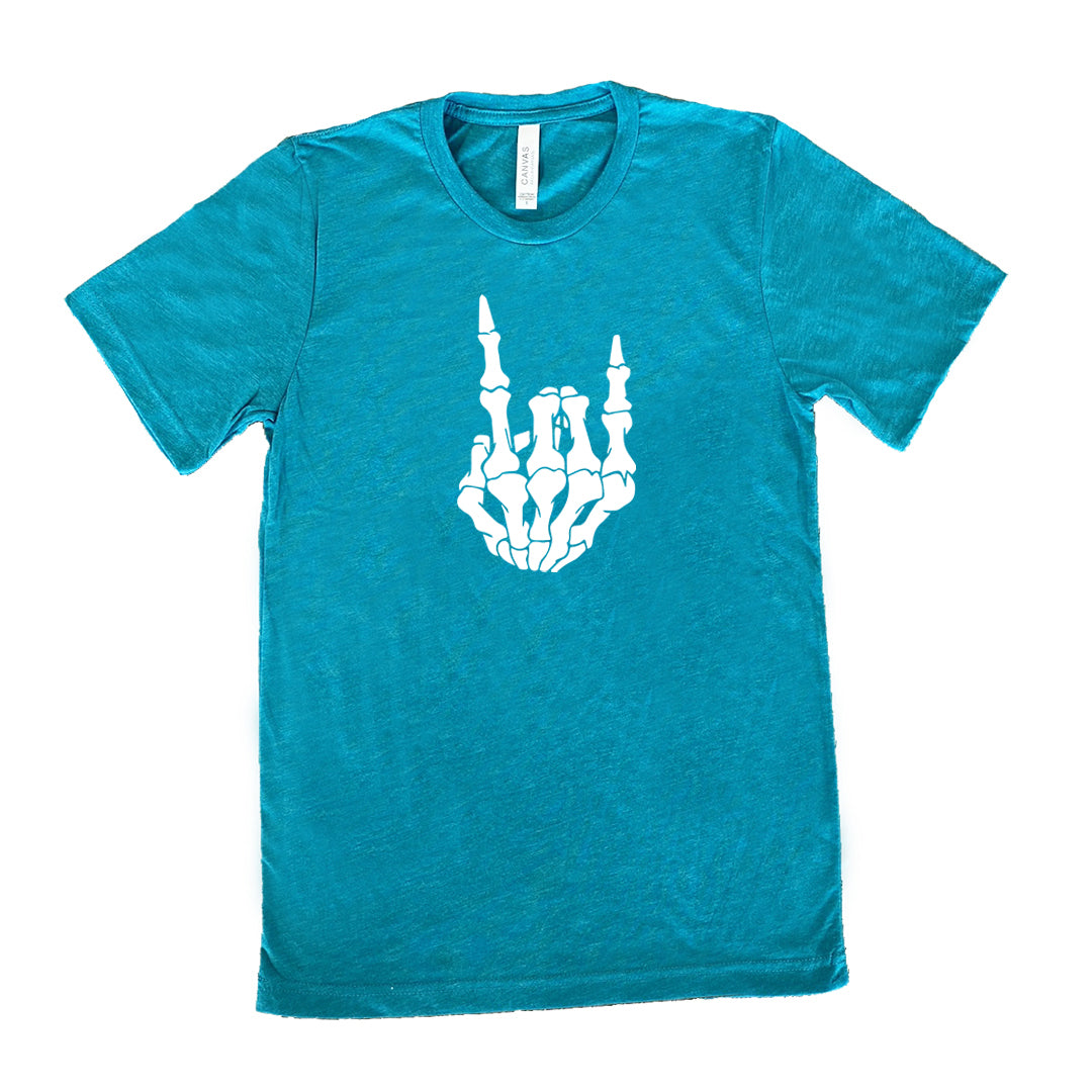 skeleton rocker hand teal unisex tee