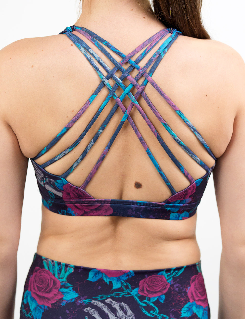 back of the roses and skeleton hands connected by chain links pattern bra