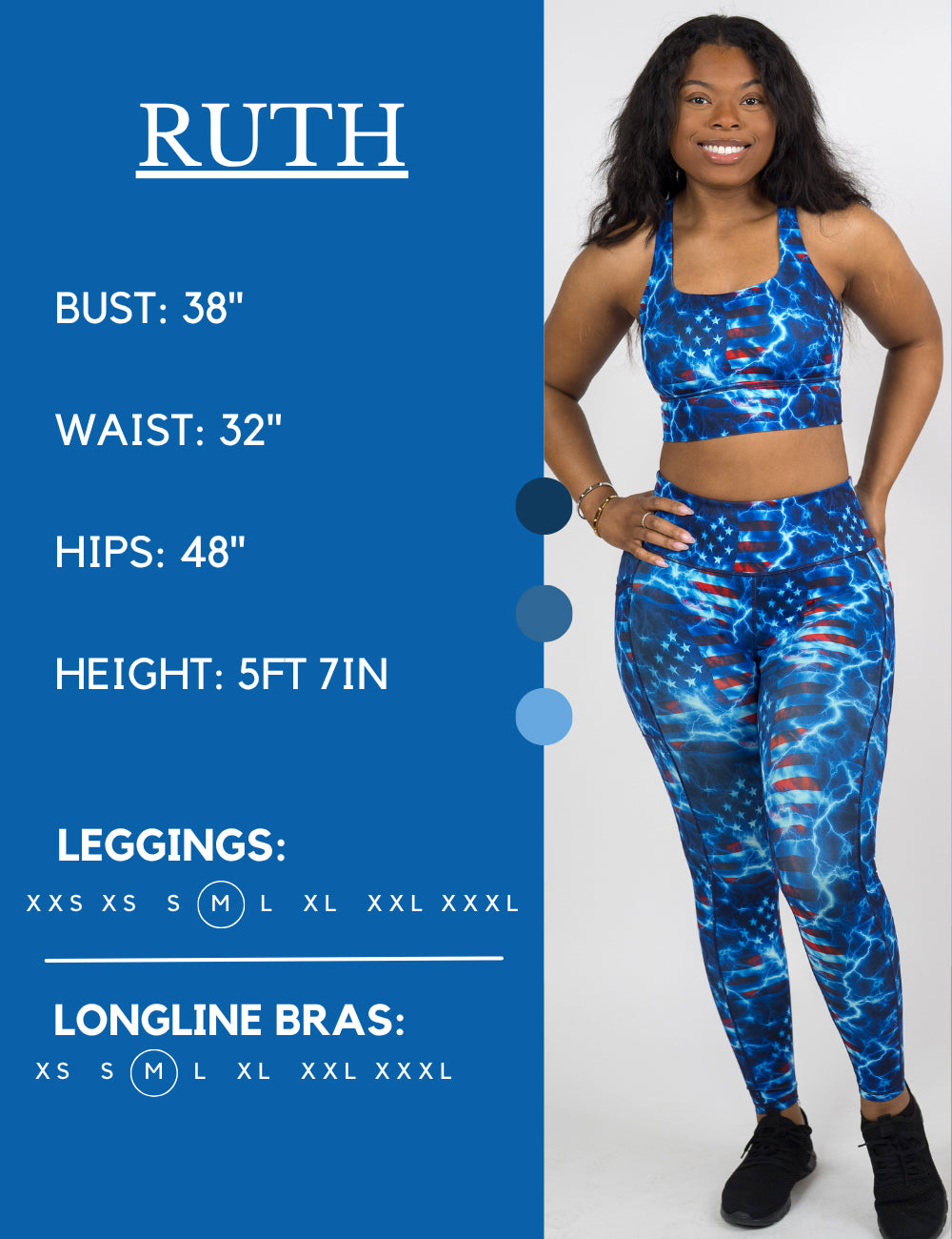 Model’s measurements of 38” bust, 32” waist, 48” hips and height of 5 ft 7 inches. She is wearing a size medium in our leggings