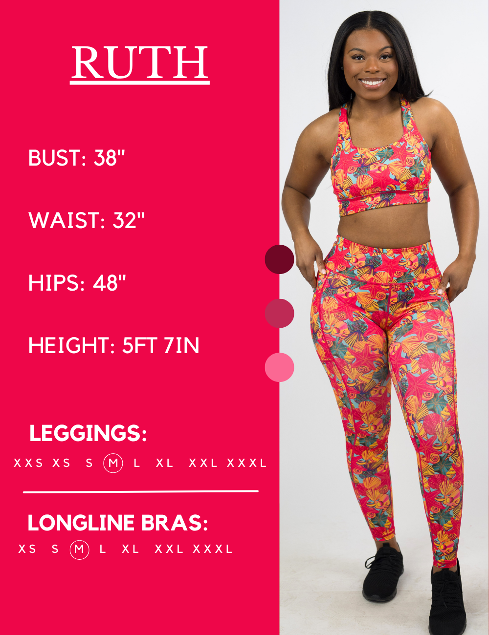 Model’s measurements of 38” bust, 32” waist, 48” hips and height of 5 ft 7 inches. She is wearing a size medium in our leggings