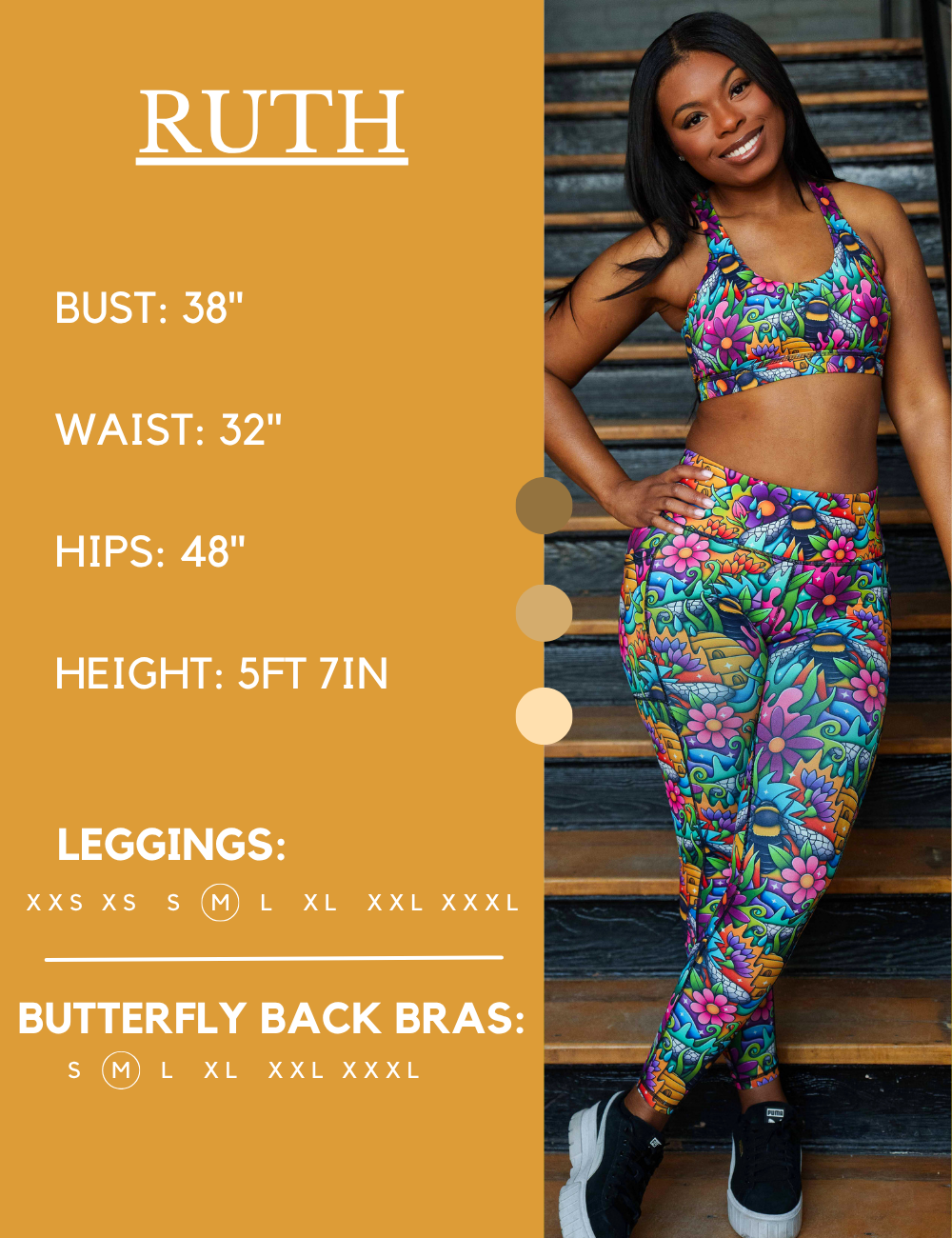 Model’s measurements of 38” bust, 32” waist, 48” hips and height of 5 ft 7 inches. She is wearing a size medium in our leggings