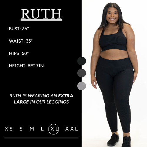 Model’s measurements of 36” bust, 33” waist, 50” hips and height of 5 ft 7 inches. She is wearing a size extra large in our leggings
