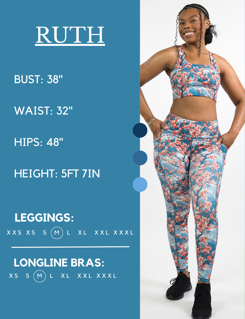 Model’s measurements of 38” bust, 32” waist, 48” hips and height of 5 ft 7. She is wearing a size medium in our leggings