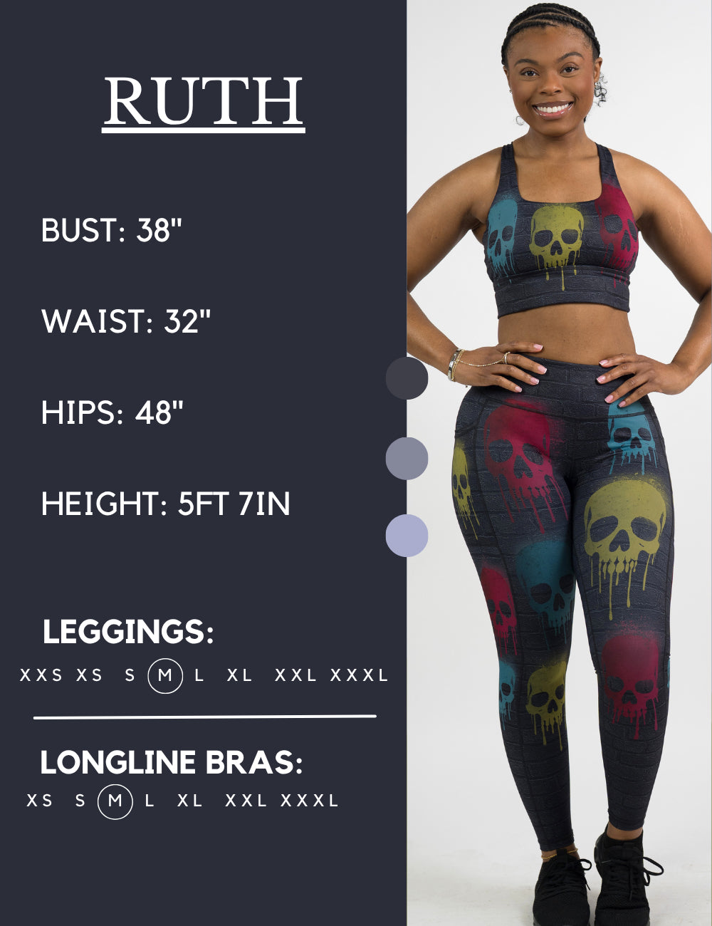 Model’s measurements of 38” bust, 32” waist, 48” hips and height of 5 ft 7 inches. She is wearing a size medium in our leggings