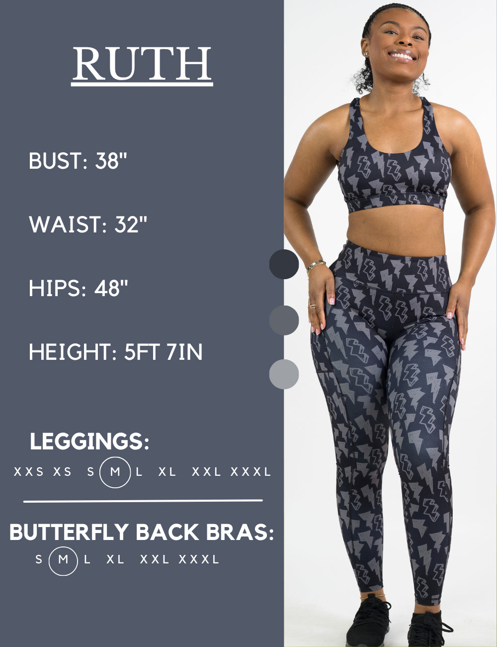 Model’s measurements of 38” bust, 32” waist, 48” hips and height of 5 ft 7 inches. She is wearing a size medium in our leggings