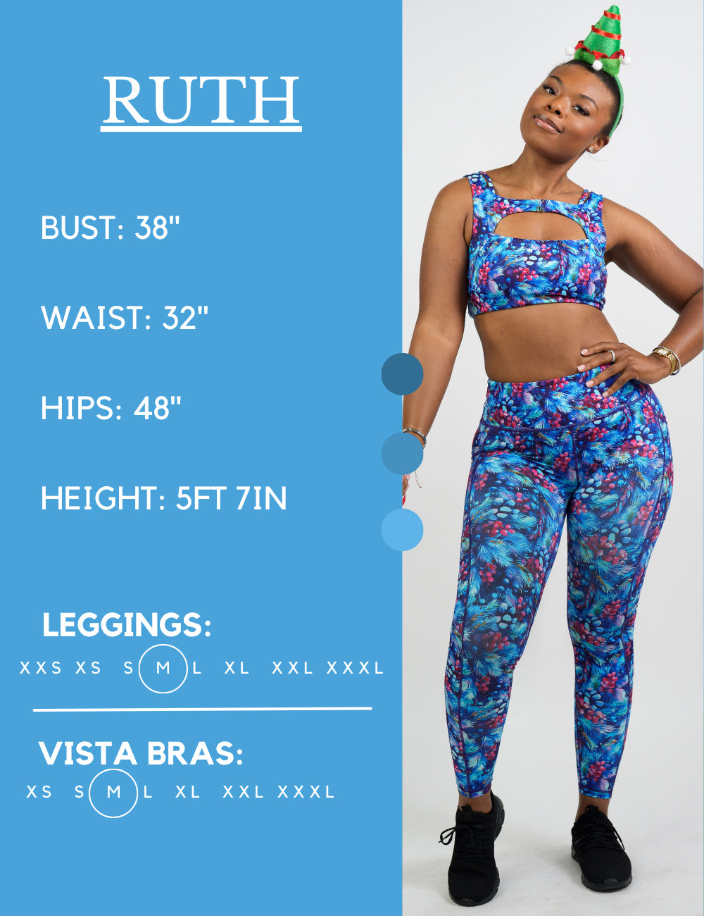 Model’s measurements of 38” bust, 32” waist, 48” hips and height of 5 ft 7 inches. She is wearing a size medium in our leggings