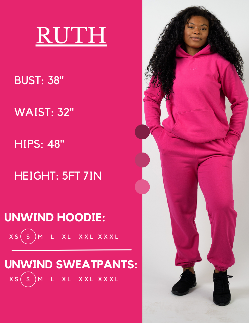 Model’s measurements of 38” bust, 32” waist, 48” hips and height of 5 ft 7 inches. She is wearing a size small in our unwind sweatpants and hoodie