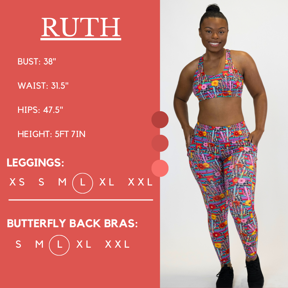 Model’s measurements of 38” bust, 31.5” waist, 47.5” hips and height of 5 ft 7 inches. She is wearing a size large in our leggings