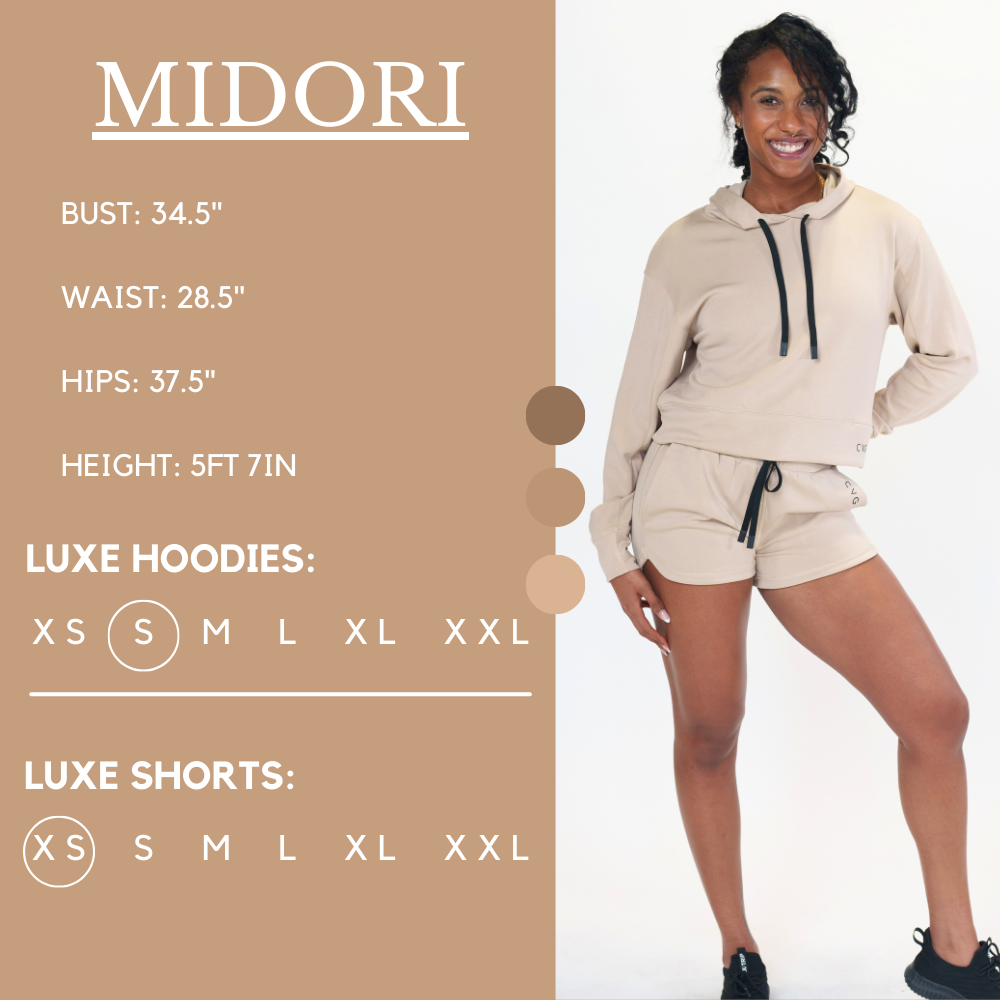 Model’s measurements of 34.5” bust, 28.5” waist, 37.5” hips and height of 5 ft 7 inches. She is wearing a size extra small in our luxe shorts