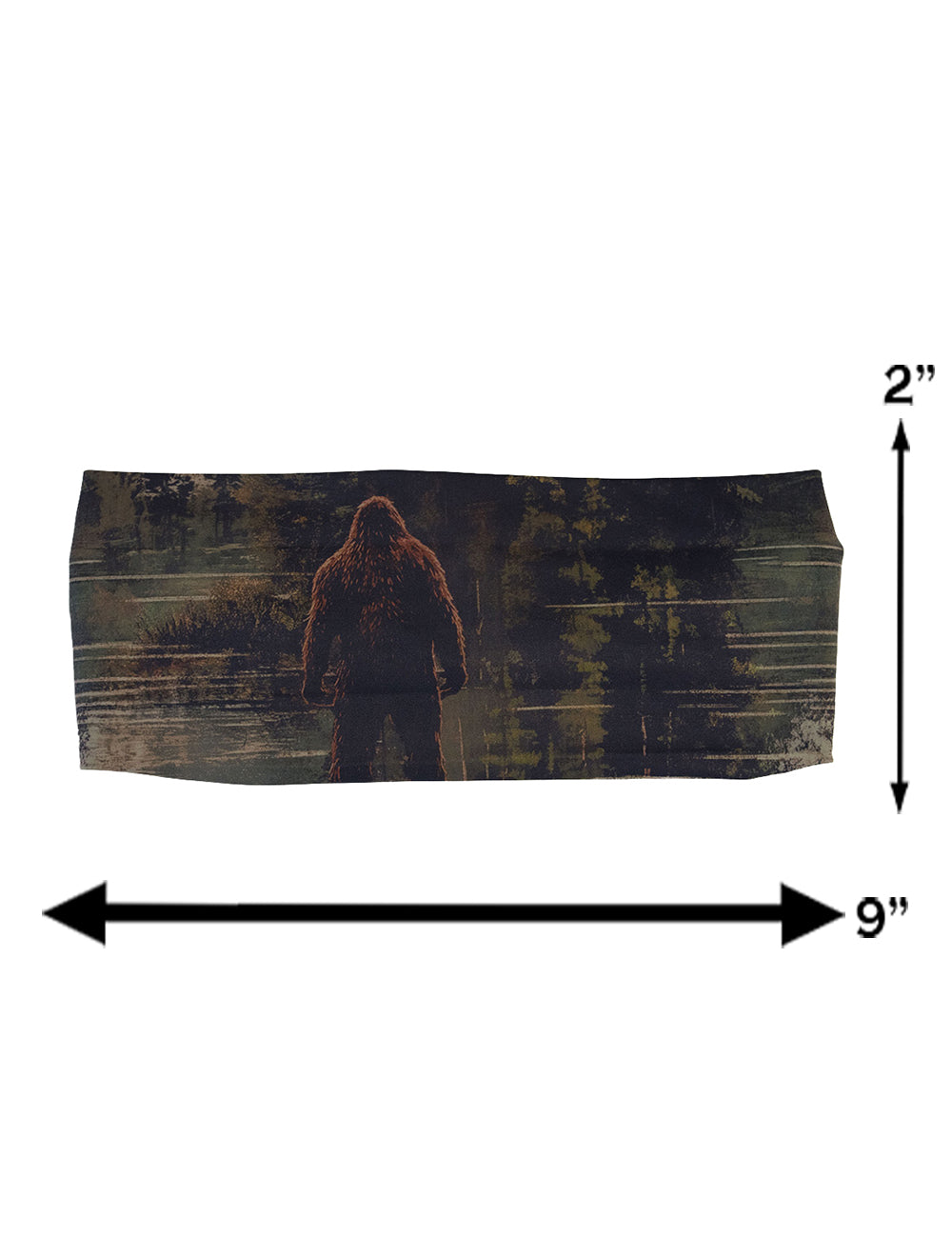 measurement information for the bigfoot in a forest headband, measurements are 2 inches by 9 inches