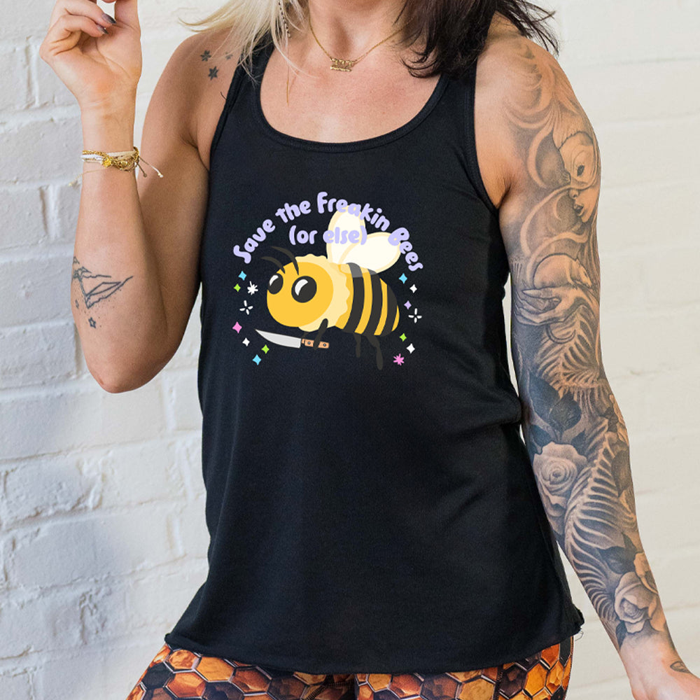 Black colored flowy tank with a bee holding a knife graphic on it that says "Save The Freakin Bees (Or Else)"