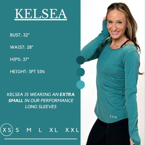 Graphic showing the measurements of a model and what size she wears for the shirt. Her bust is 32 inches, waist is 28 inches, hips are 37 inches, and height is 5 foot and 5 inches. She wears an extra small in the performance long sleeve shirt