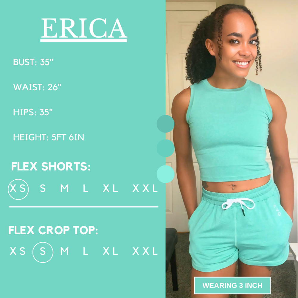 Model’s measurements of 35” bust, 26” waist, 35” hips and height of 5 ft 6 inches. She is wearing a size extra small in our flex shorts and a small in our flex crop top