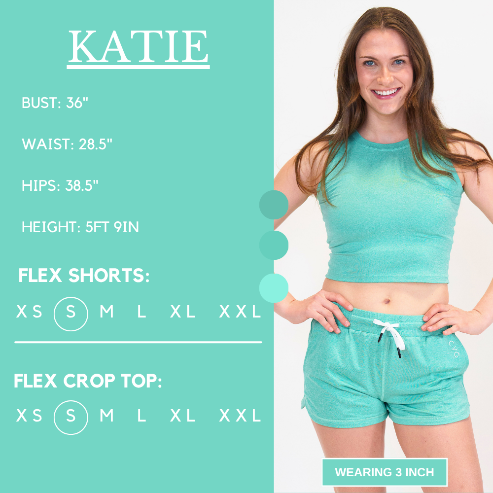 Model’s measurements of 36” bust, 28.5” waist, 38.5” hips and height of 5 ft 9 inches. She is wearing a size small in our flex shorts and crop top