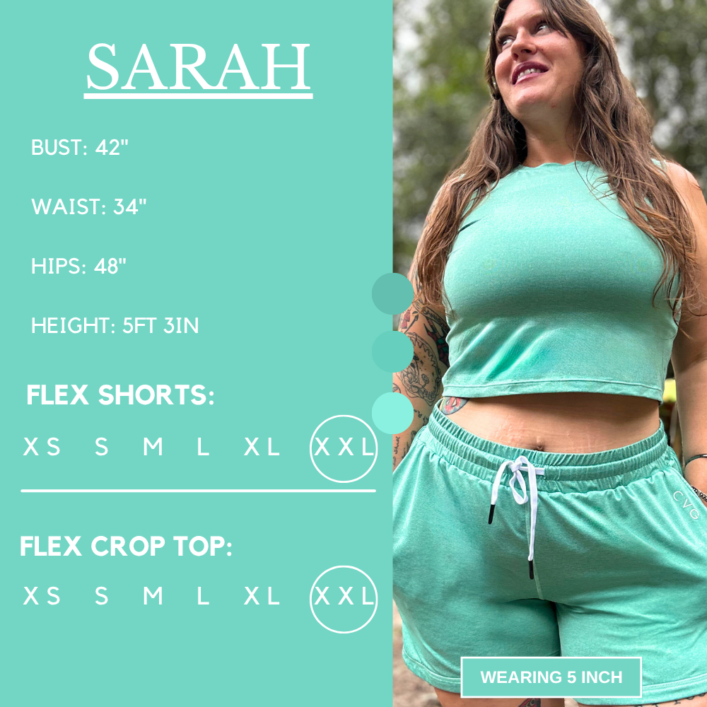 Model’s measurements of 46” bust, 38” waist, 51” hips and height of 5 ft 3 inches. She is wearing a size xxl in our flex shorts and crop top