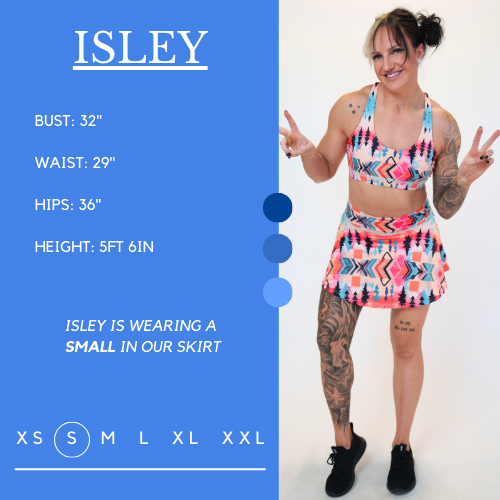 Model’s measurements of 32” bust, 29” waist, 36” hips and height of 5 ft 6 inches. She is wearing a size small in our skirt