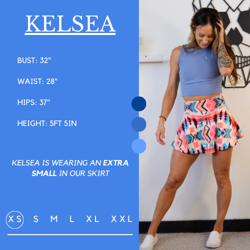 Model’s measurements of 32” bust, 28” waist, 37” hips and height of 5 ft 5 inches. She is wearing a size extra small in our skirt