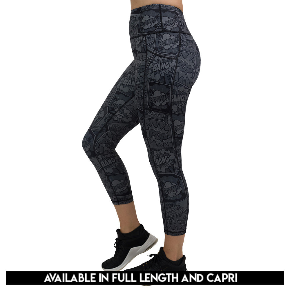 black and grey comic book print leggings available sizes include full length and capri
