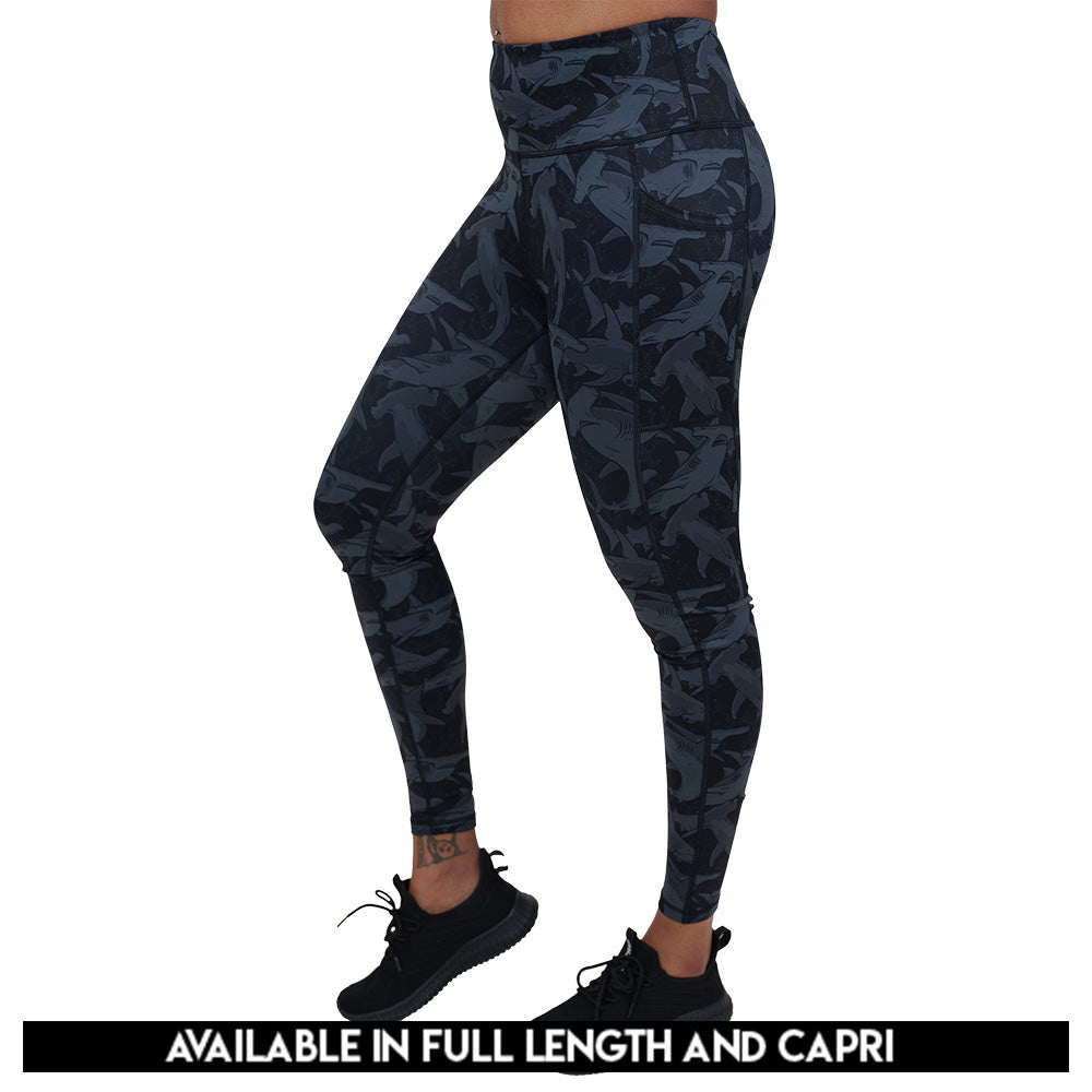 black and grey shark patterned leggings available in full and capri lengths