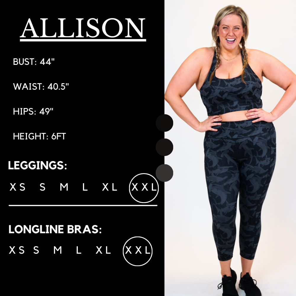 Model's measurements of 44 inch bust, 40.5 inch waist, 49 inch hips, and height of 6 foot. She is wearing a size xx-large in our leggings and a size xxl in our longline bra