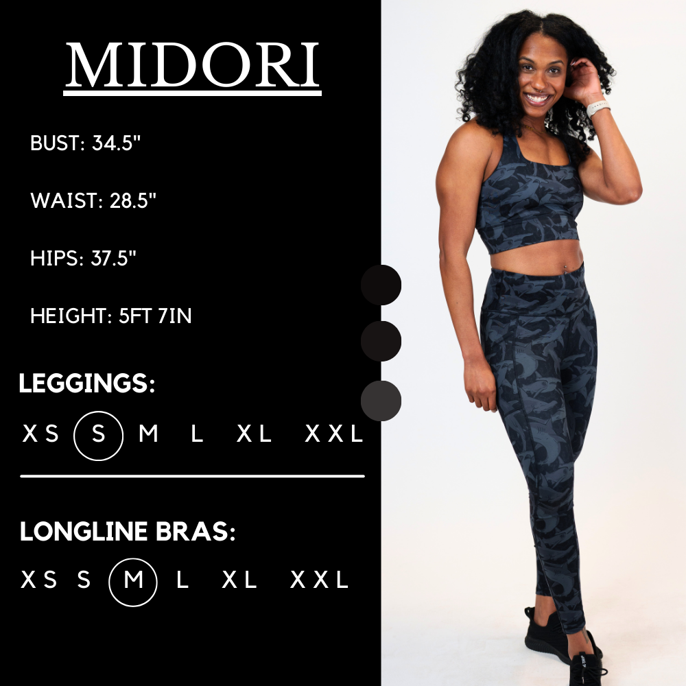 Model’s measurements of 34.5” bust, 28.5” waist, 37.5” hips and height of 5 ft 7 inches. She is wearing a size small is our leggings and a size medium in our longline bra