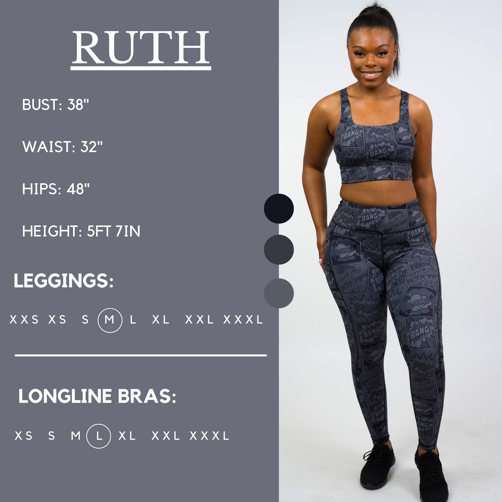 Model’s measurements of 38” bust, 32” waist, 48” hips and height of 5 ft 7 inches. She is wearing a size medium in our leggings