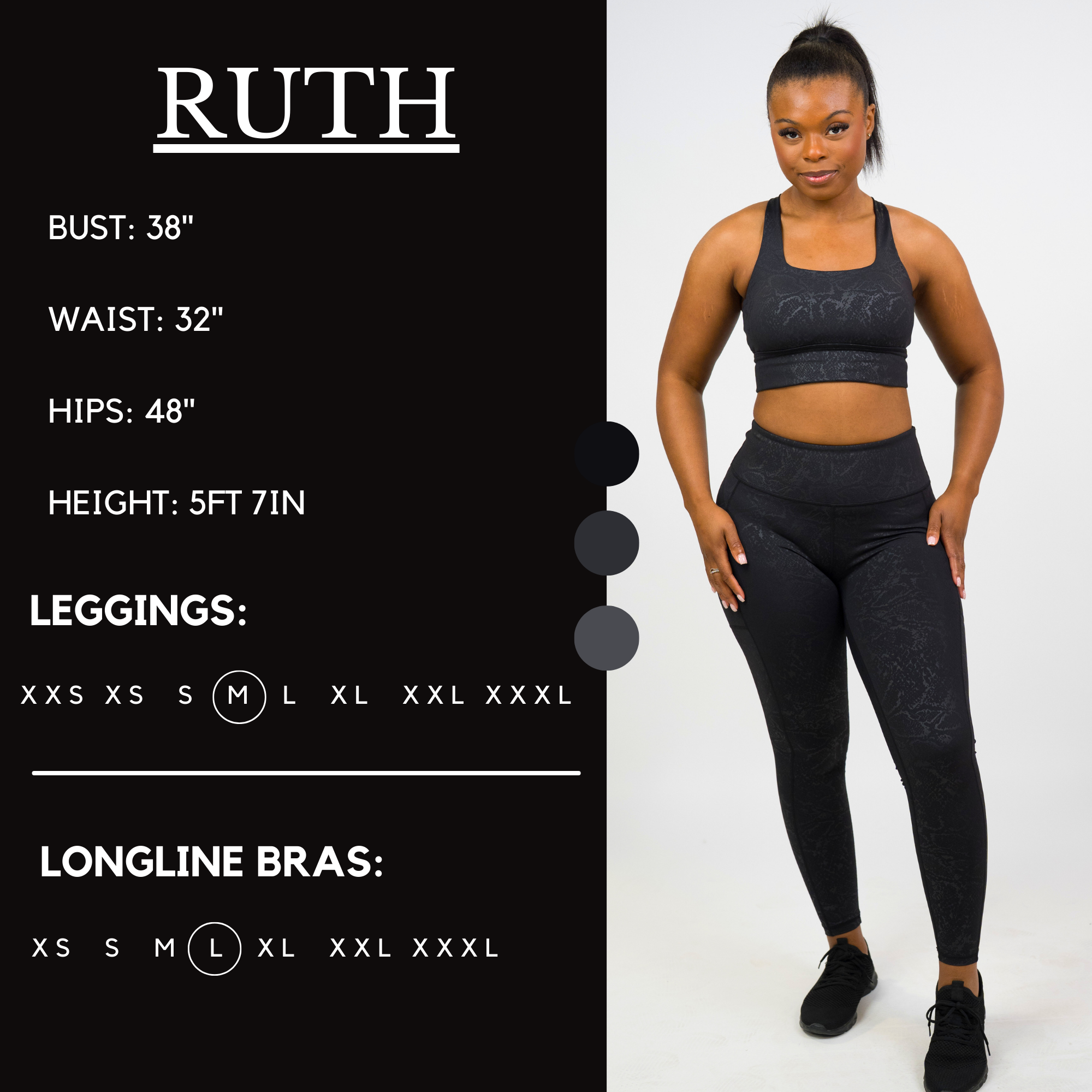 Model’s measurements of 38” bust, 32” waist, 48” hips and height of 5 ft 7 inches. She is wearing a size medium in our leggings