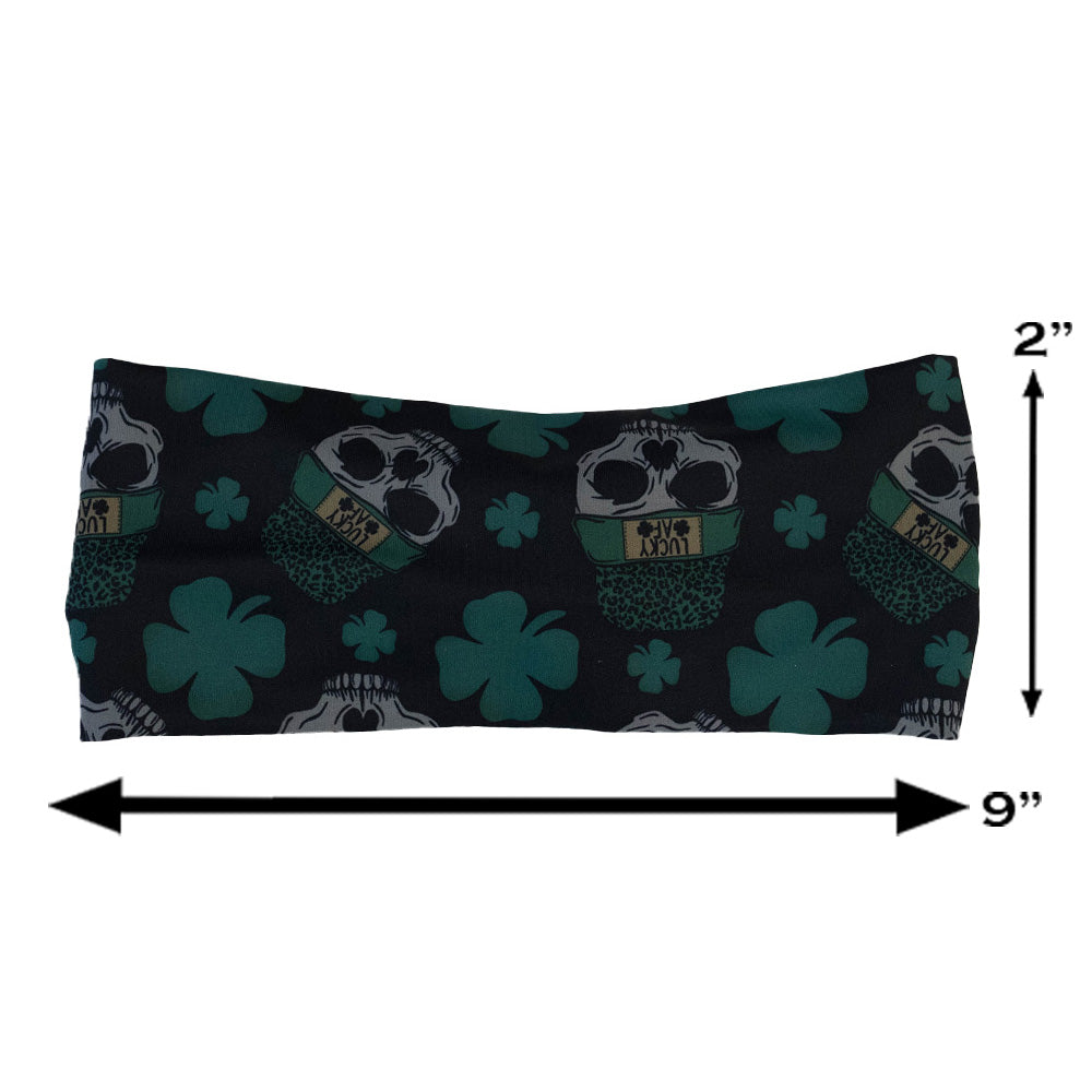 skull and shamrock print headband measured at 2 by 9 inches