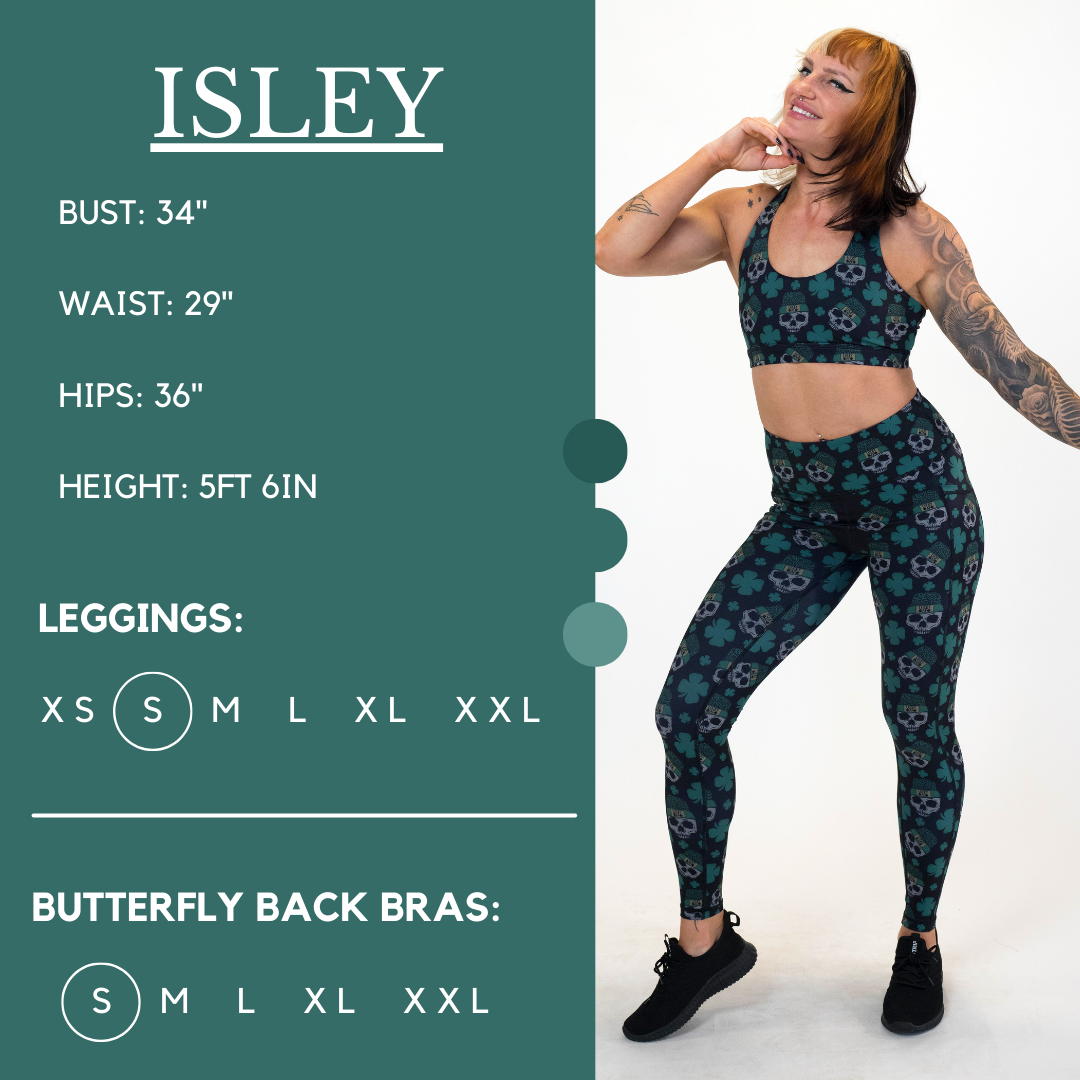 Model’s measurements of 34” bust, 29” waist, 36” hips and height of 5 ft 6 inches. She is wearing a size small in our leggings