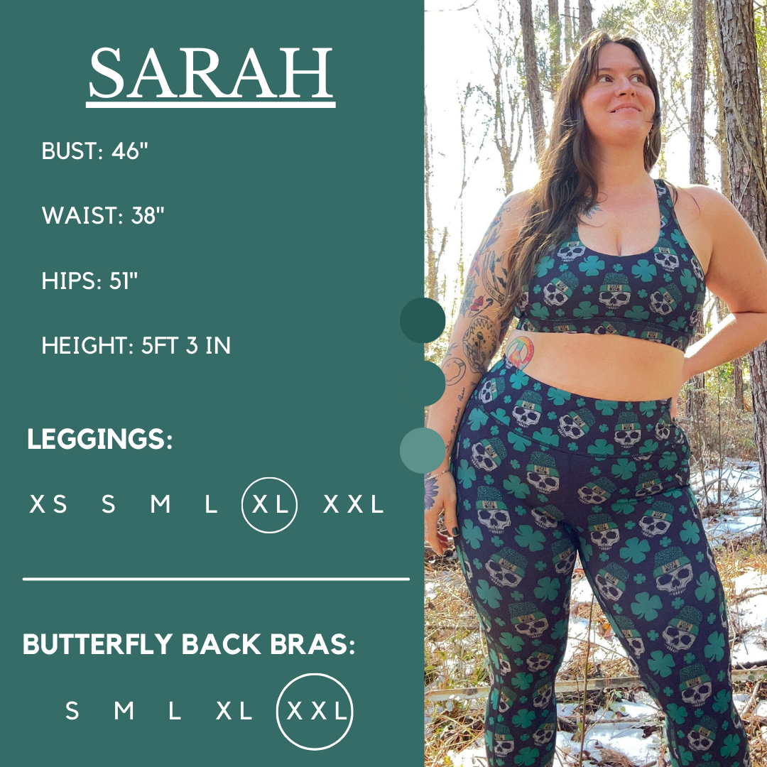 Model’s measurements of 46” bust, 38” waist, 51” hips and height of 5 ft 3 inches. She is wearing a size extra large in our leggings