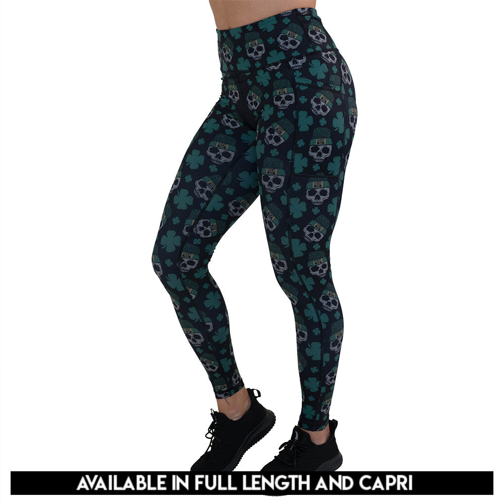 skull and shamrock print leggings available in capri and full length