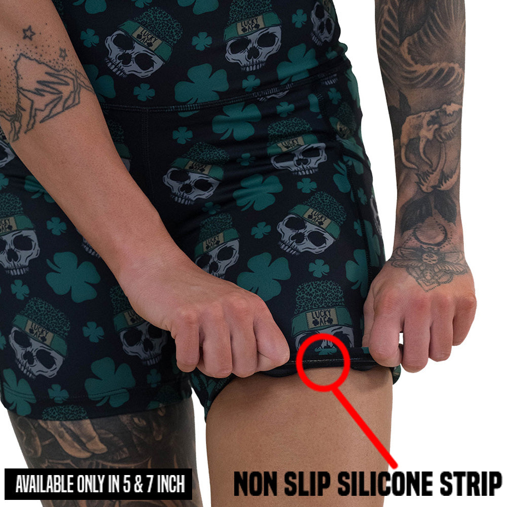 non slip strip on the skull and shamrock print shorts